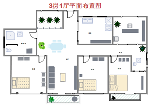 3个卧室房屋平面图示例