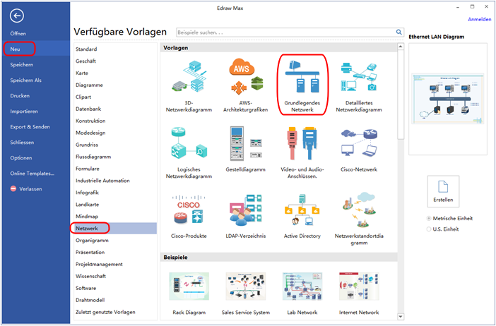 Eine Vorlage für Netzwerkdiagramm öffnen