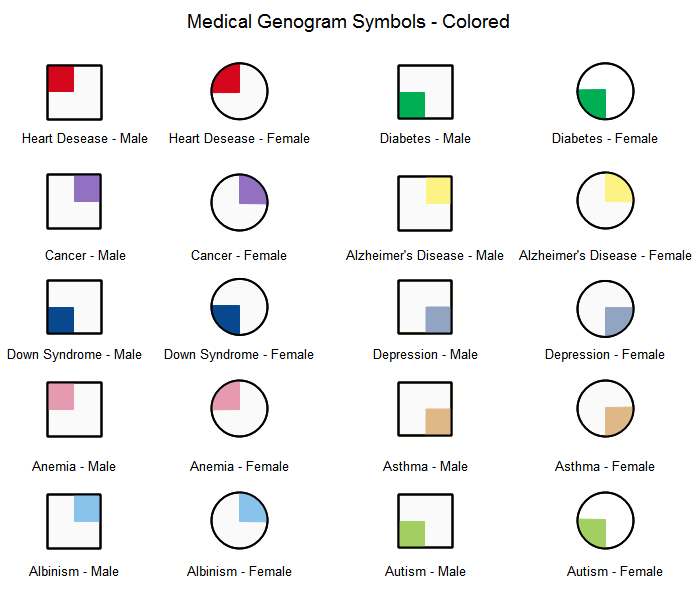 Symboles colorés de génogramme médical