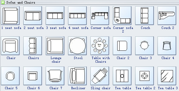 Symboles Plan maison canapés et chaises