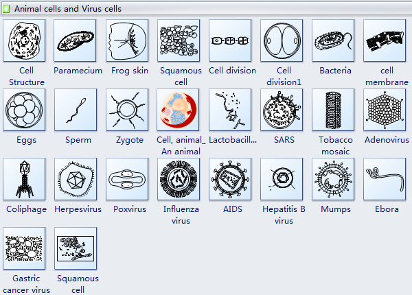 Símbolos de diagramas de cílulas de animales y virus