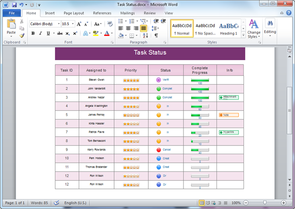 Word Status Table Template