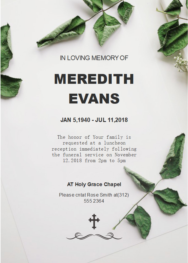 Green Leaves Funeral Invitation