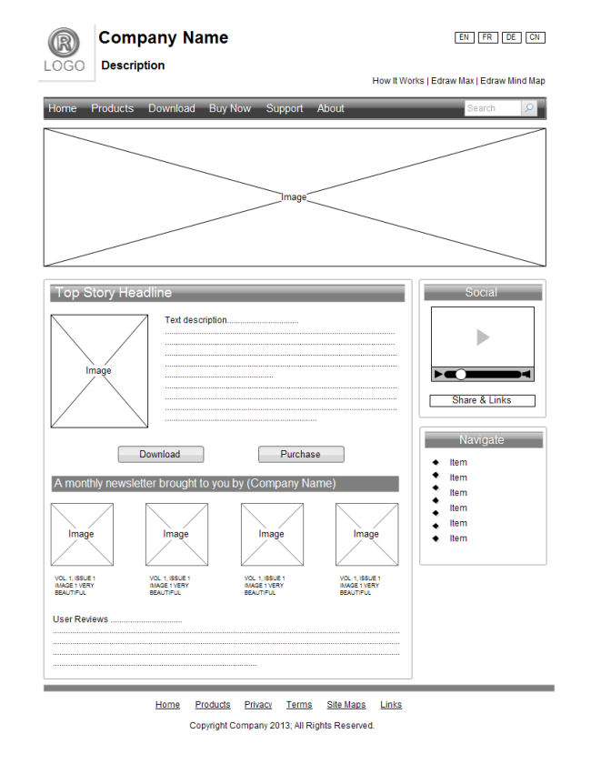 Esempio di wireframe del sito web